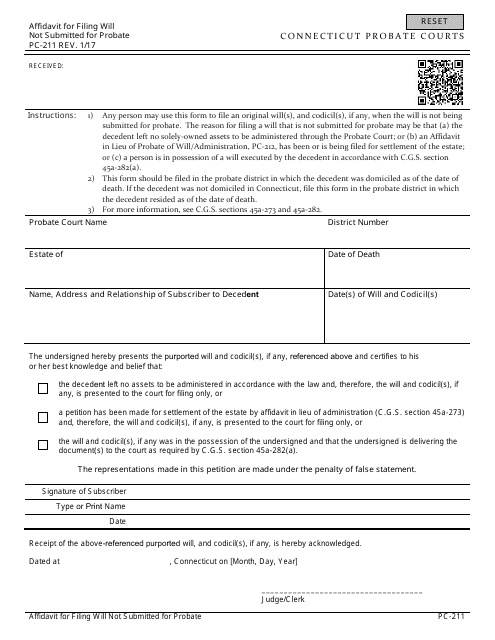 Form PC-211 Affidavit for Filing Will Not Submitted for Probate - Connecticut