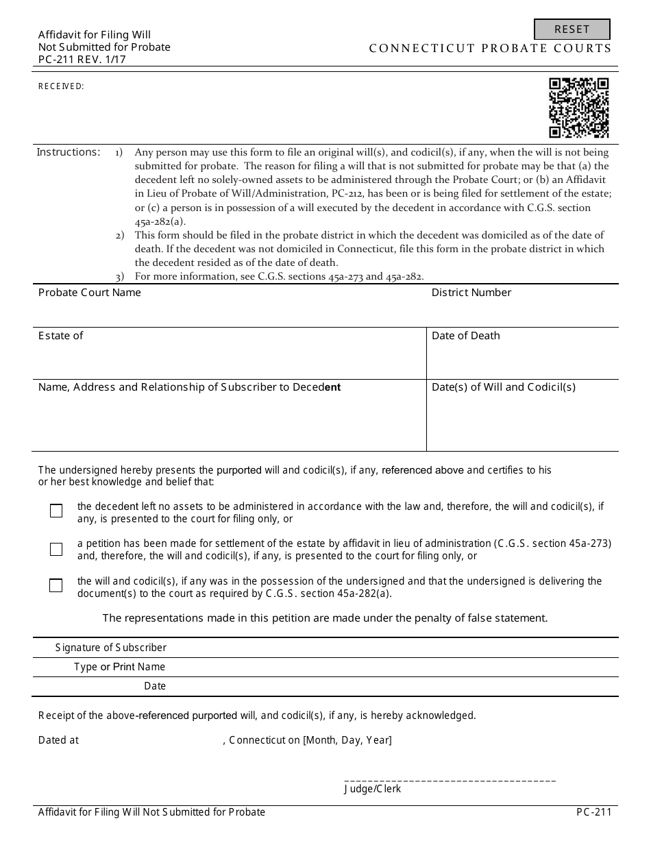 Form PC-211 Affidavit for Filing Will Not Submitted for Probate - Connecticut, Page 1
