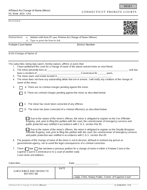 Form PC-910A Affidavit Re Change of Name (Minor) - Connecticut
