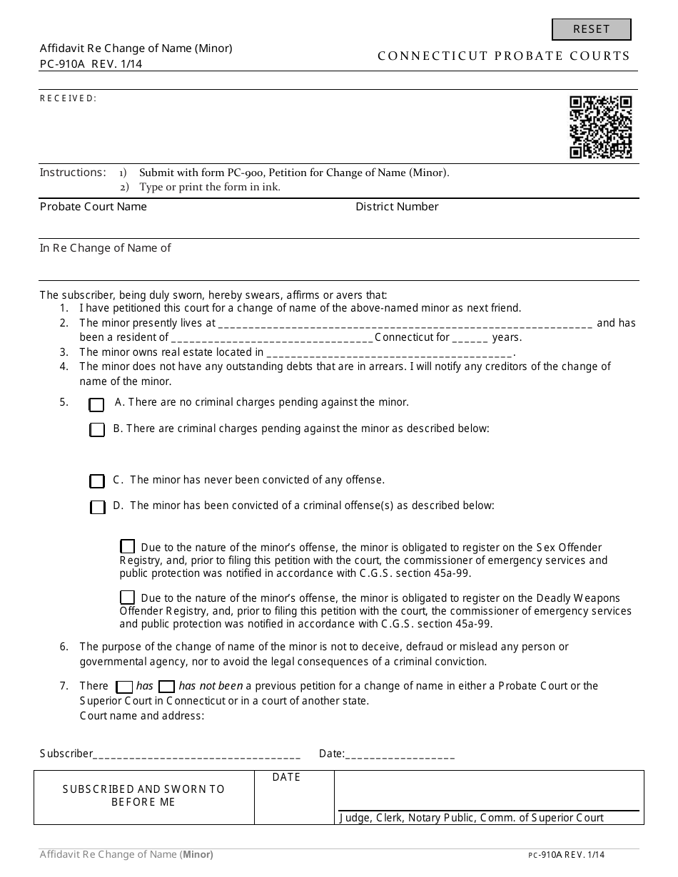 Form PC-910A Affidavit Re Change of Name (Minor) - Connecticut, Page 1