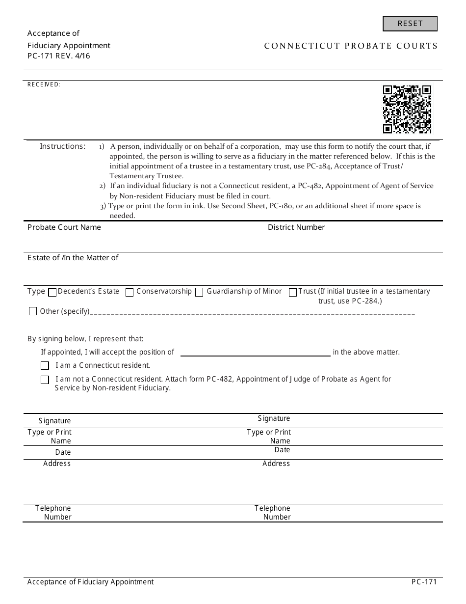 Form PC-171 Acceptance of Fiduciary Appointment - Connecticut, Page 1