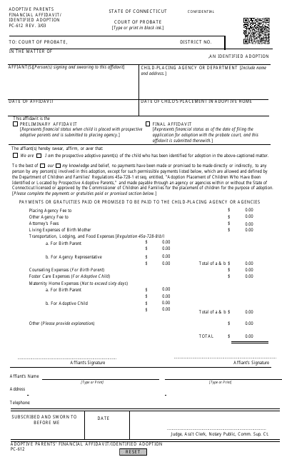 Form PC-612 Adoptive Parents Financial Affidavit/Identified Adoption - Connecticut