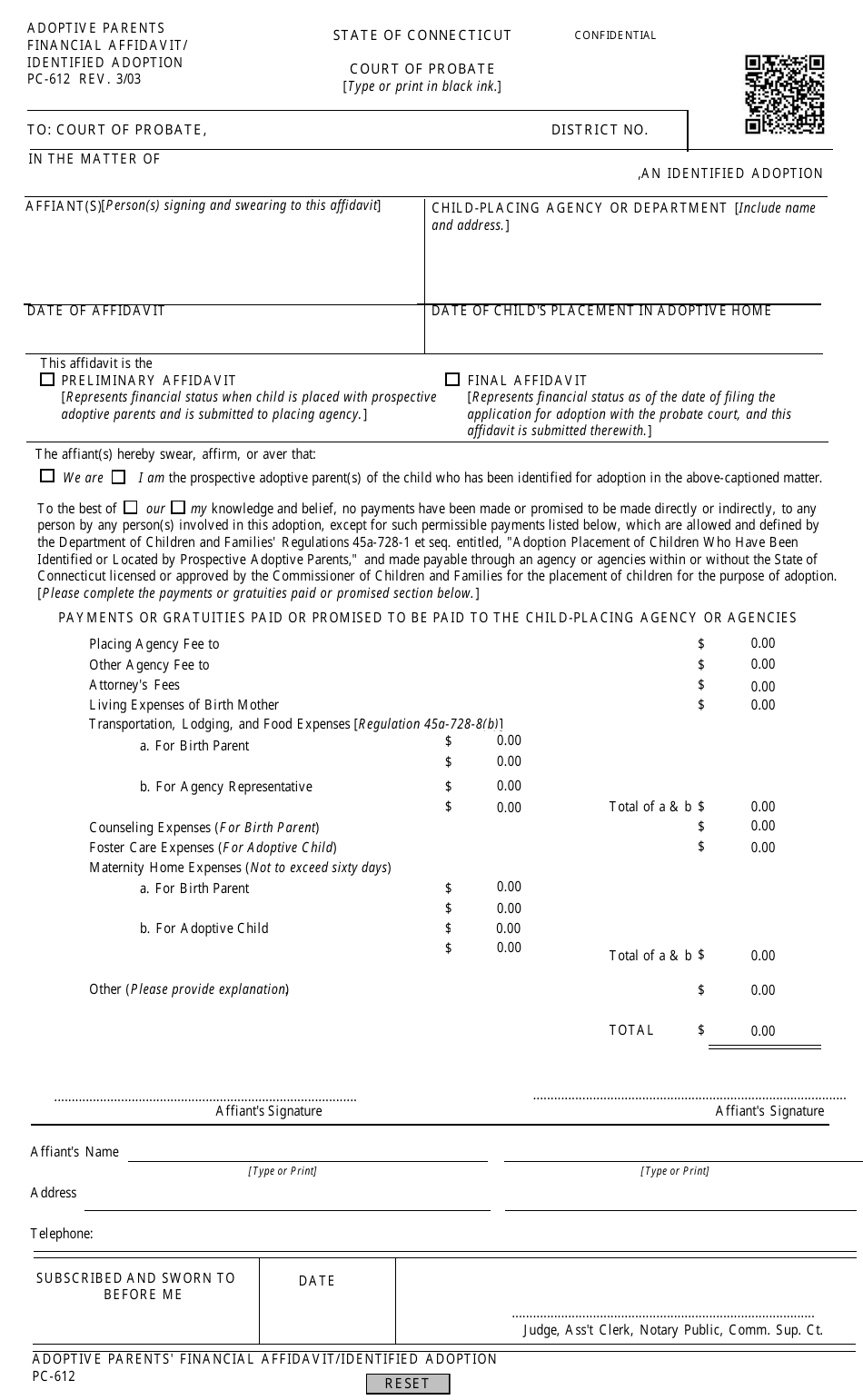 Form PC-612 Adoptive Parents Financial Affidavit / Identified Adoption - Connecticut, Page 1