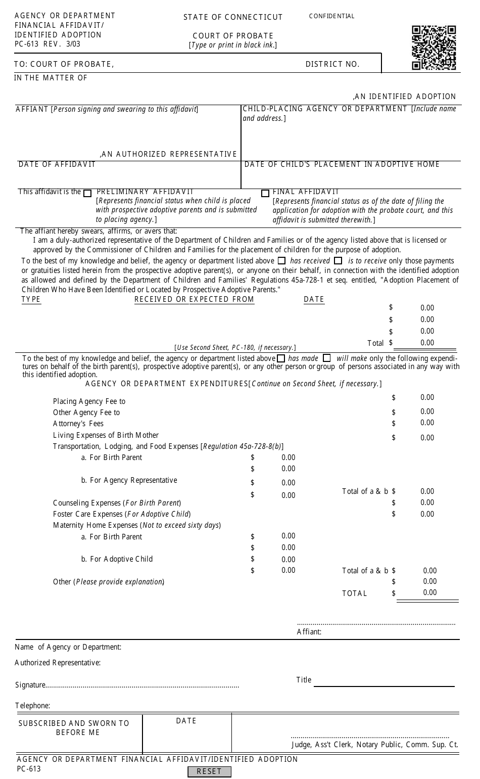 Form PC-613 Agency or Department Financial Affidavit / Identified Adoption - Connecticut, Page 1