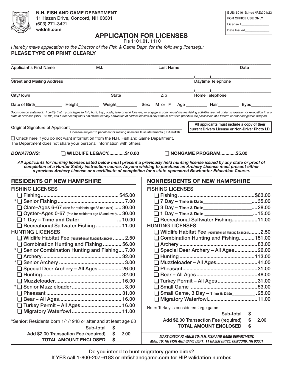 Form BUS16010_B Application for Licenses - New Hampshire, Page 1