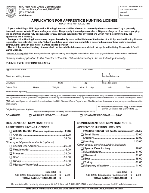 Form BUS1513C_2 Application for Apprentice Hunting License - New Hampshire