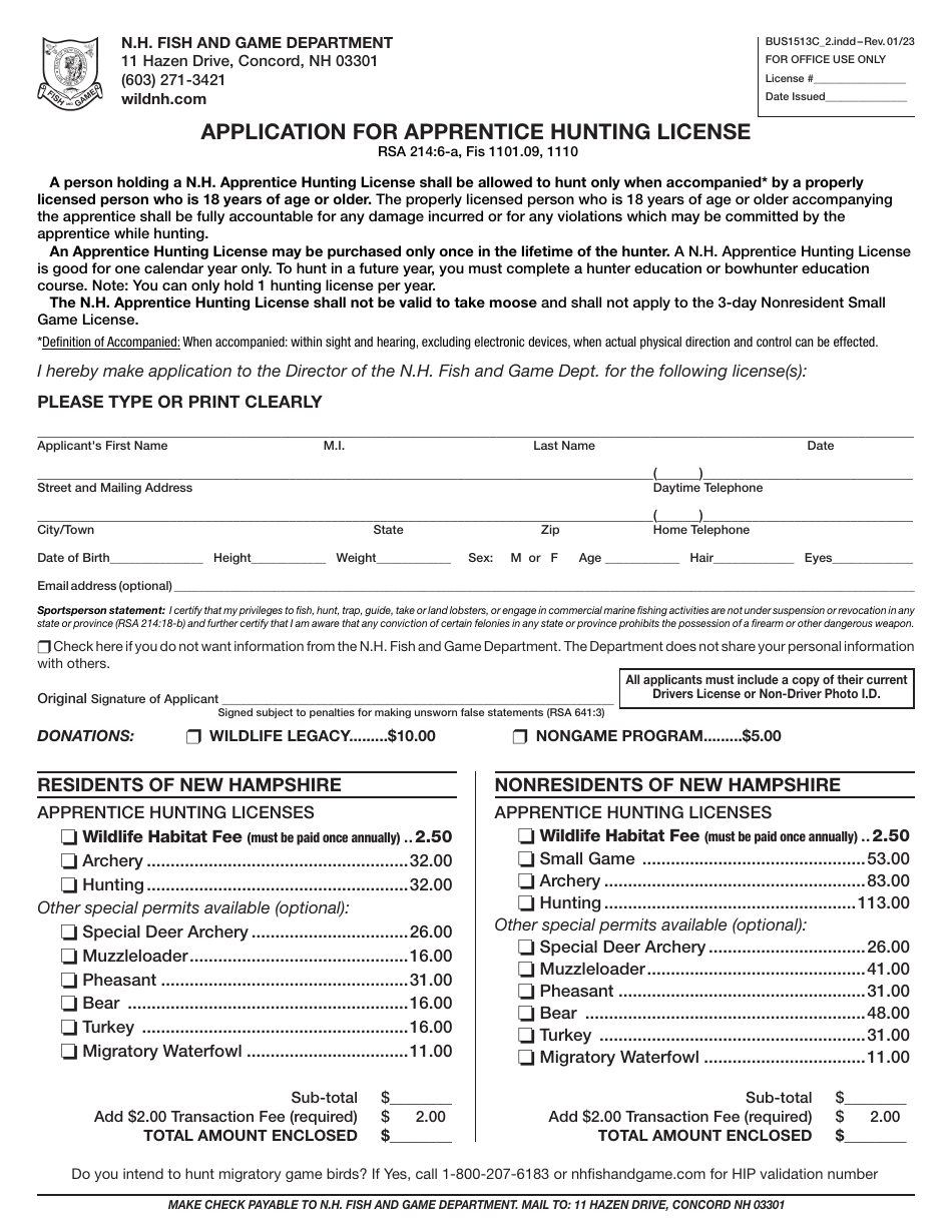 Form BUS1513C_2 Application for Apprentice Hunting License - New Hampshire, Page 1