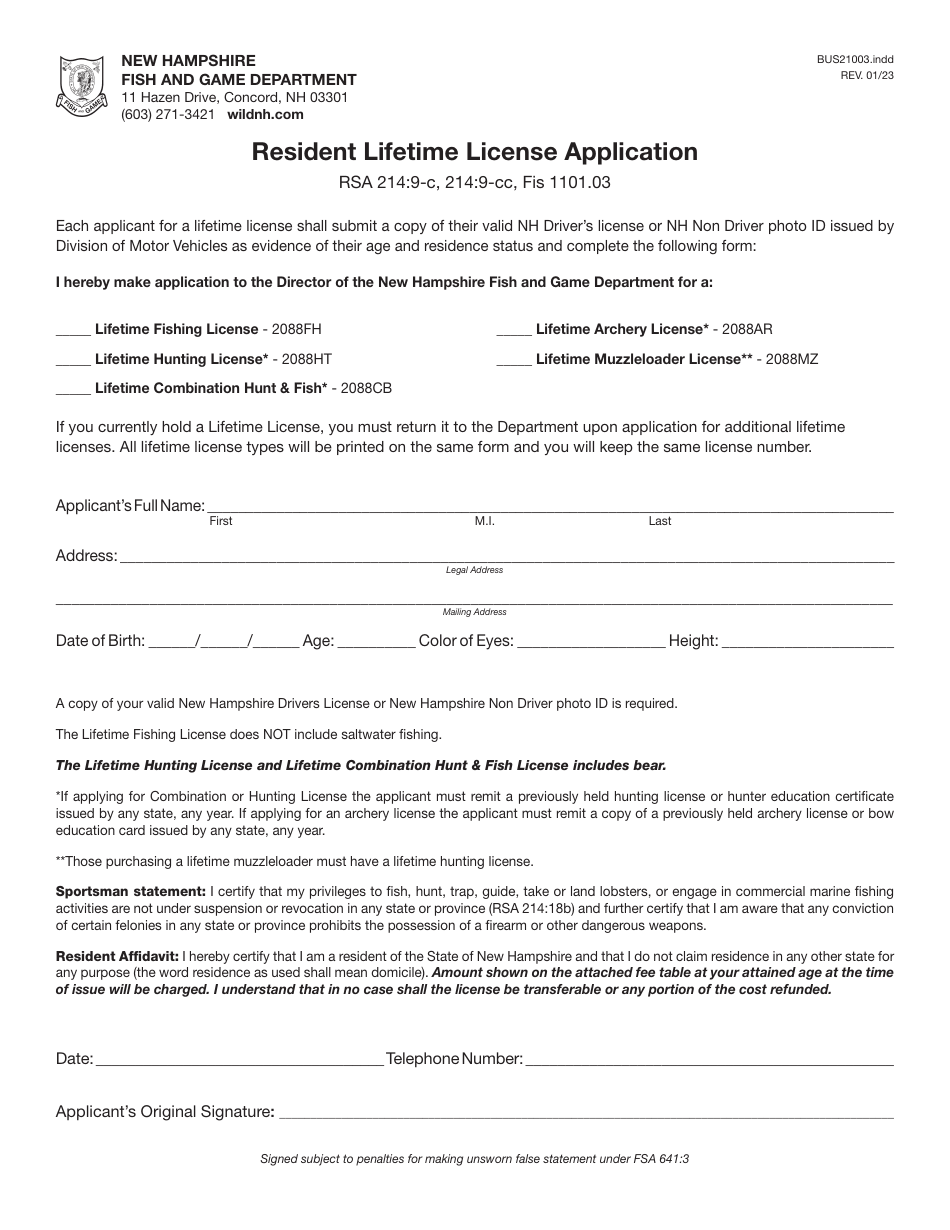 Form BUS21003 Resident Lifetime License Application - New Hampshire, Page 1