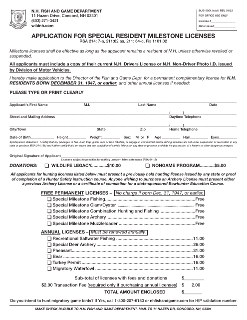 Form BUS18004 Application for Special Resident Milestone Licenses - New Hampshire