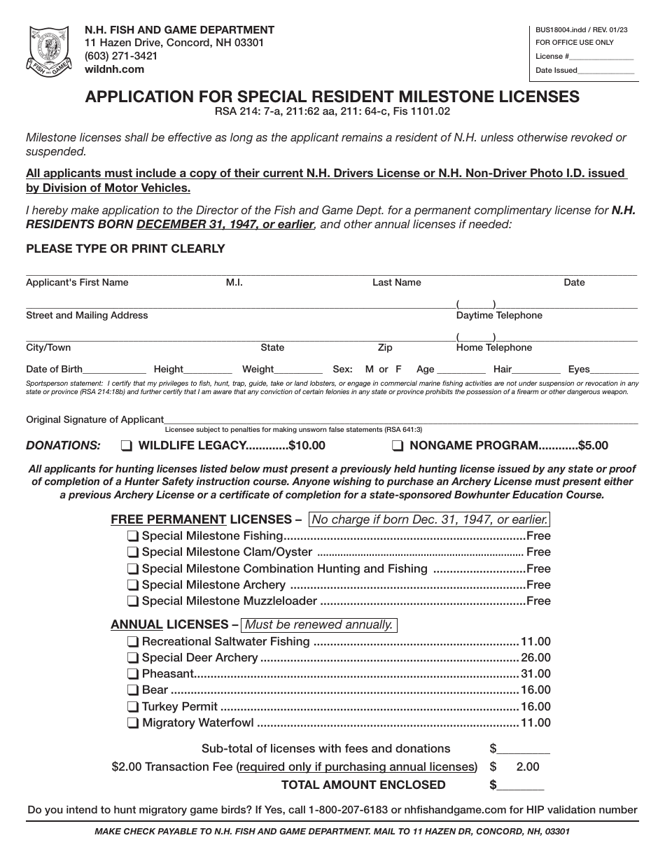 Form BUS18004 Application for Special Resident Milestone Licenses - New Hampshire, Page 1