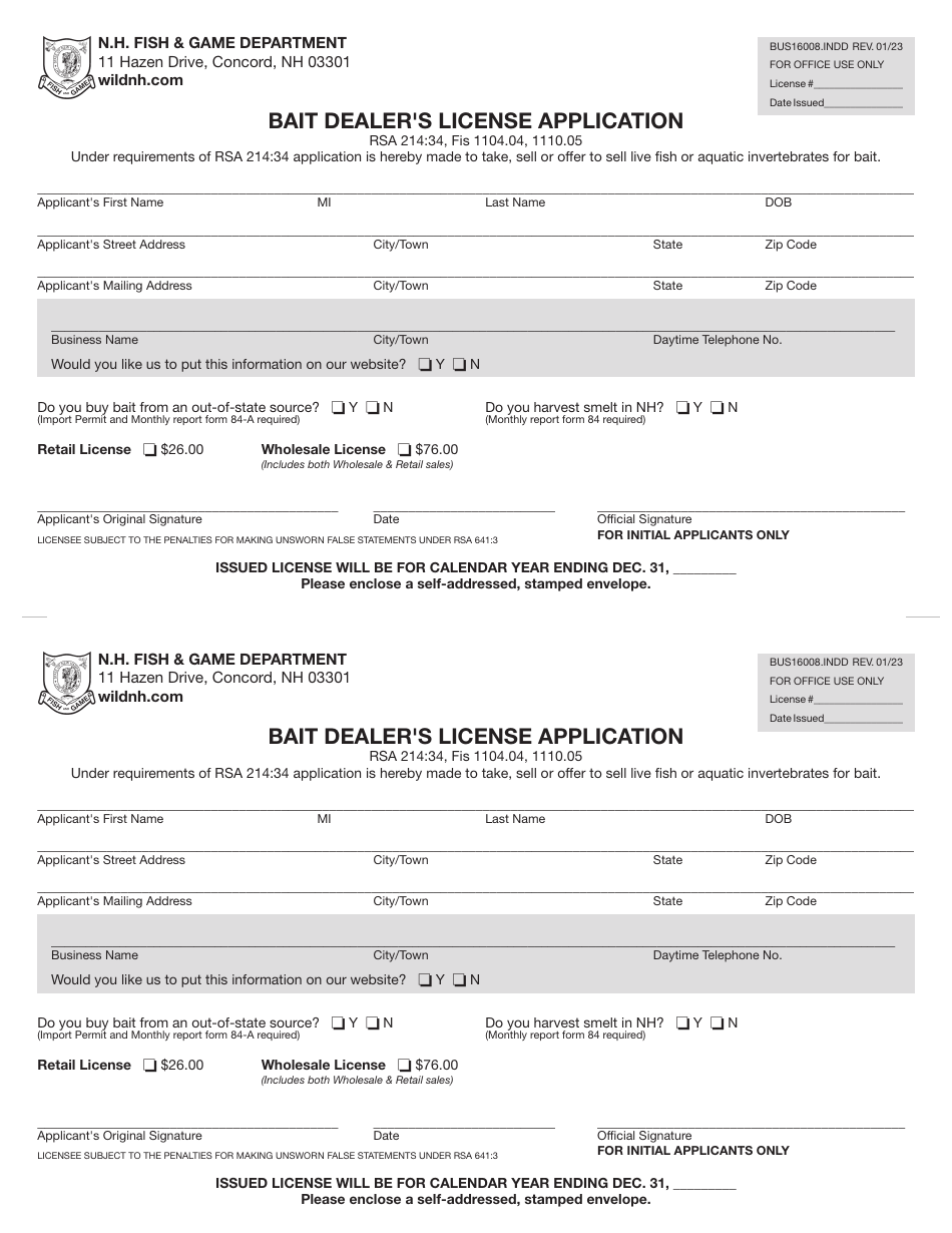 Form BUS16008 Bait Dealers License Application - New Hampshire, Page 1