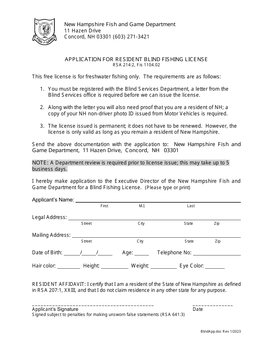 New Hampshire Application for Resident Blind Fishing License Fill Out