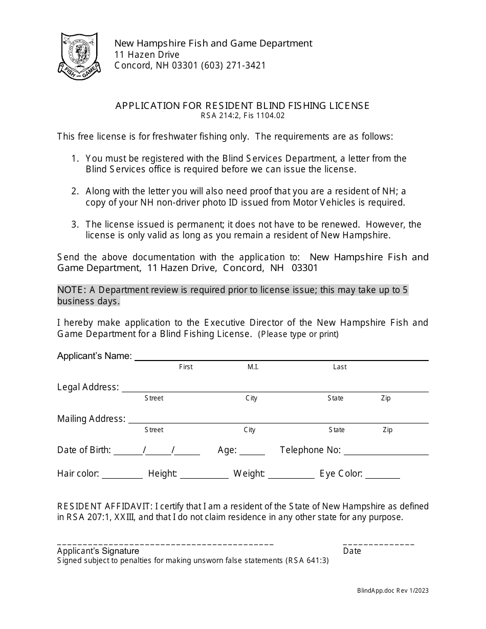 Application for Resident Blind Fishing License - New Hampshire, Page 1