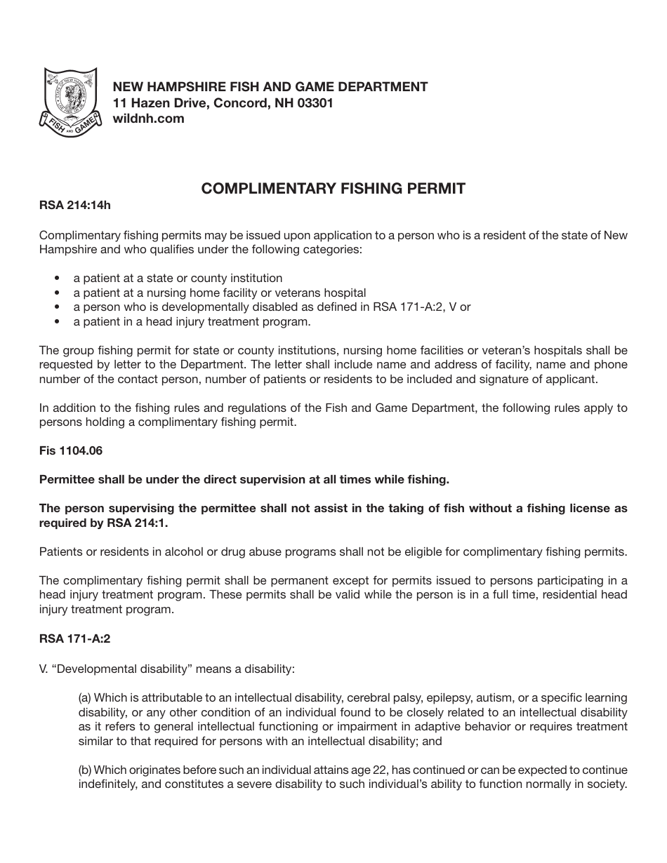 Form BUS11015 Complimentary Fishing Permit Application - New Hampshire, Page 1