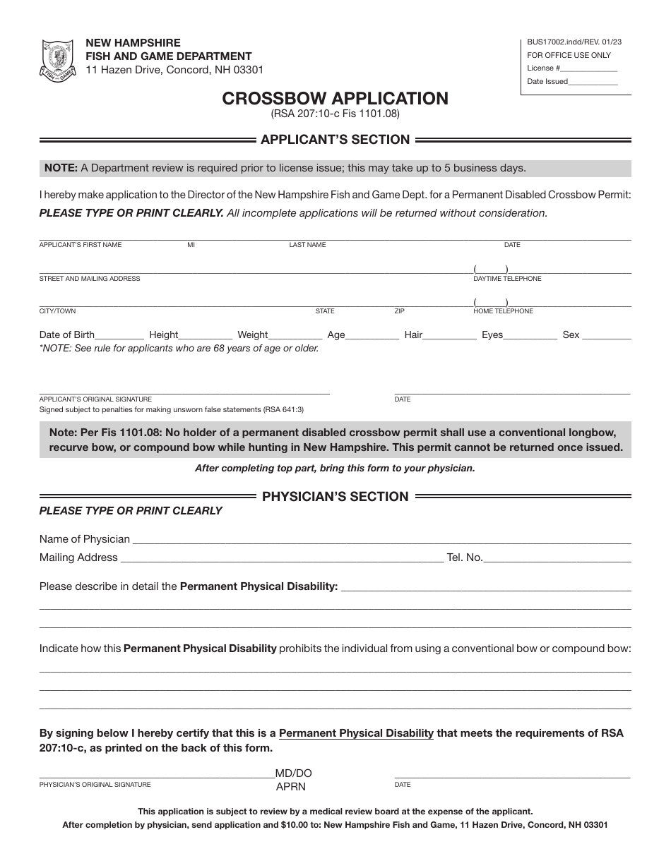 Form BUS17002 Permanent Disabled Crossbow Permit Application - New Hampshire, Page 2