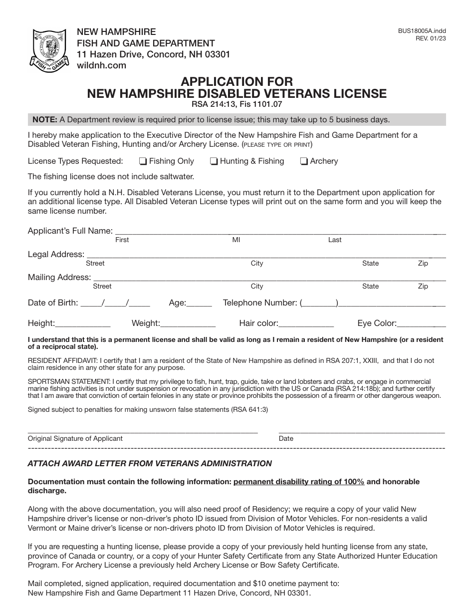 Form BUS18005A Application for New Hampshire Disabled Veterans License - New Hampshire, Page 3