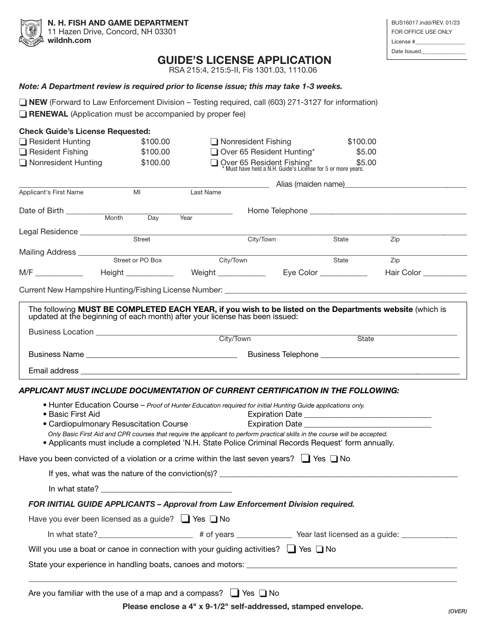 Form BUS16017 Guides License Application - New Hampshire, Page 1