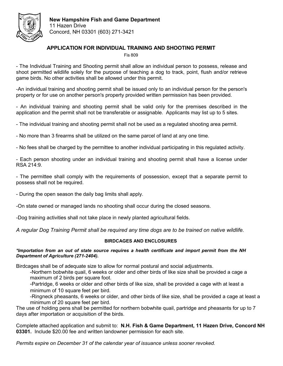 Form BUS0310H Application for Individual Training and Shooting Permit - New Hampshire, Page 1