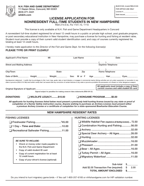 Form BUS1513D_2 License Application for Nonresident Full-Time Students in New Hampshire - New Hampshire