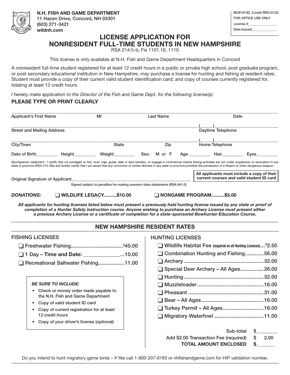 Form BUS1513D_2 License Application for Nonresident Full-Time Students in New Hampshire - New Hampshire, Page 1