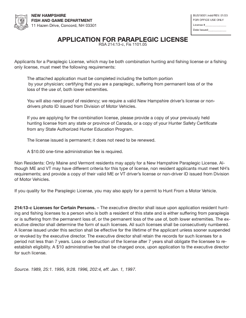 Form BUS19001 Application for Paraplegic License - New Hampshire