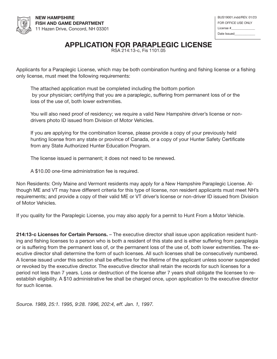 Form BUS19001 Application for Paraplegic License - New Hampshire, Page 1