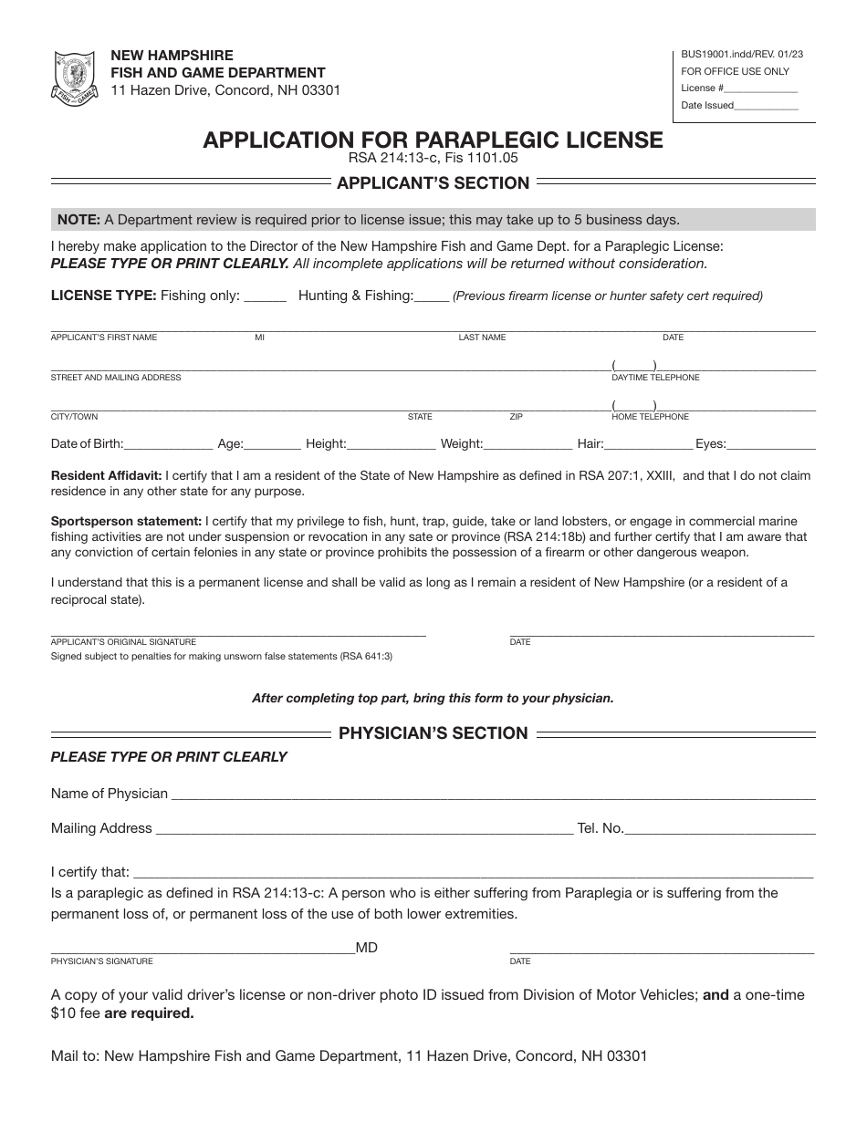 Form BUS19001 Application for Paraplegic License - New Hampshire, Page 2
