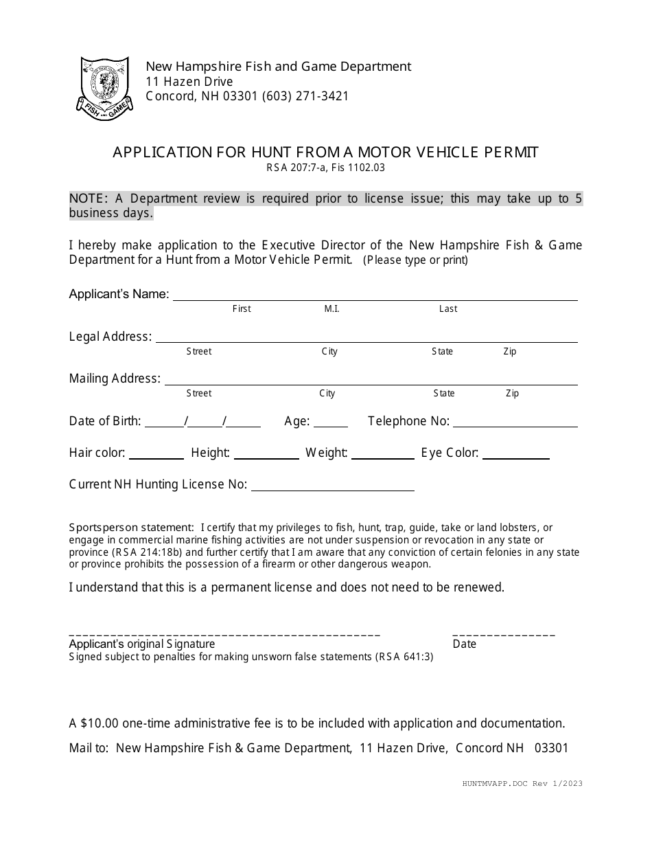 New Hampshire Application for Hunt From a Motor Vehicle Permit Fill