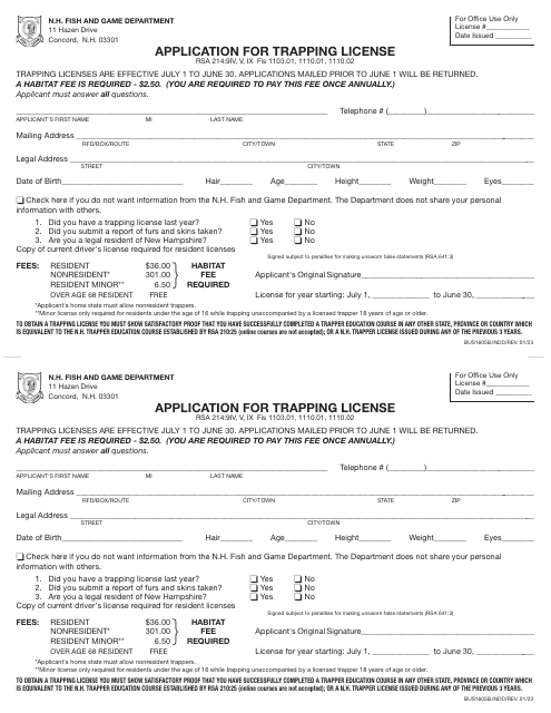 Form BUS1605B Application for Trapping License - New Hampshire