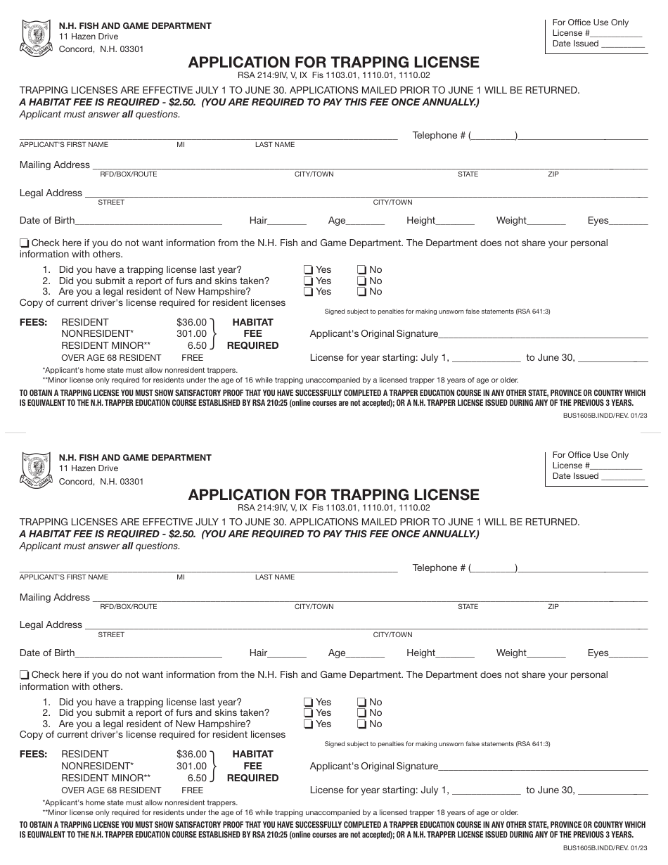 Form BUS1605B Application for Trapping License - New Hampshire, Page 1