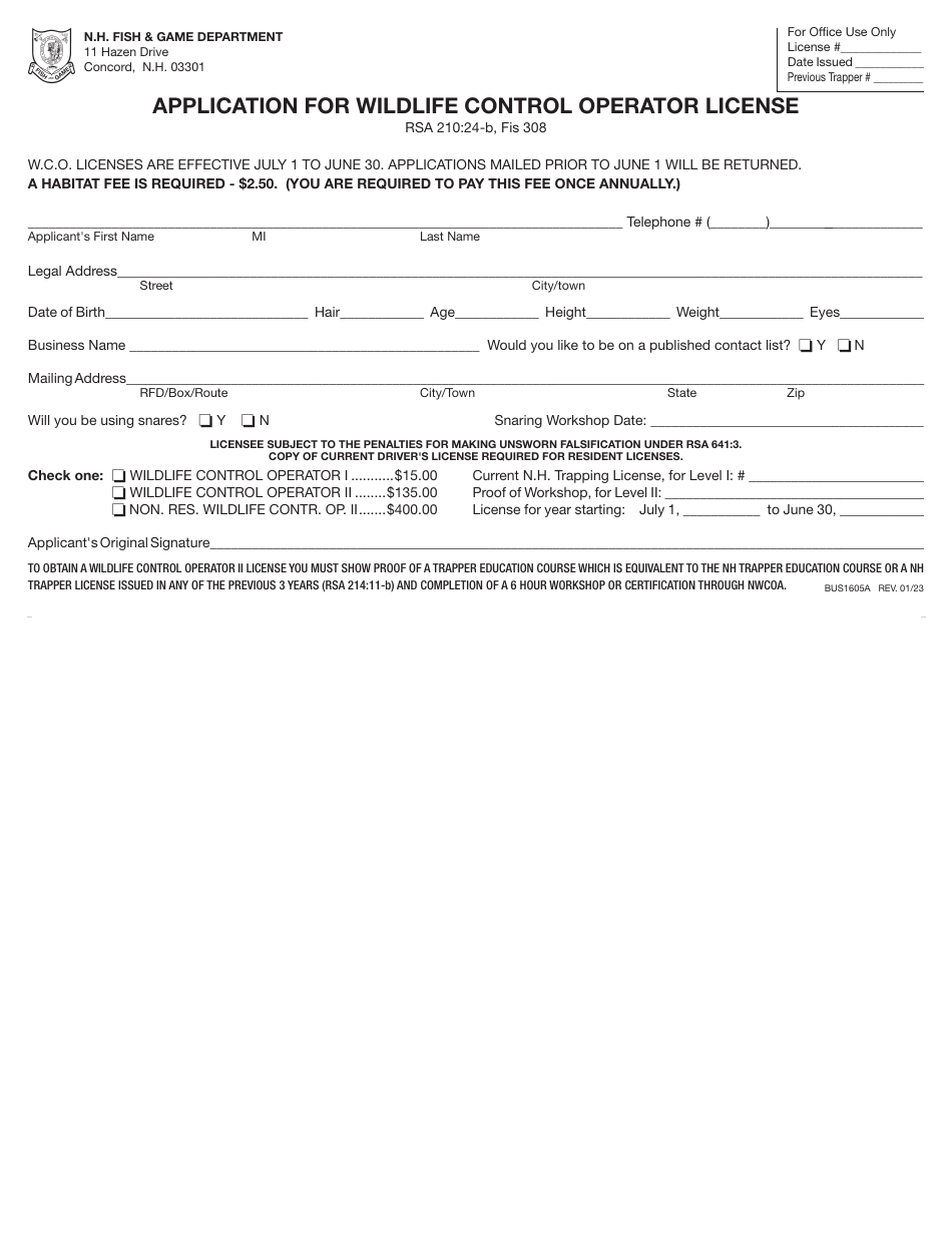 Form BUS1605A Application for Wildlife Control Operator License - New Hampshire, Page 2