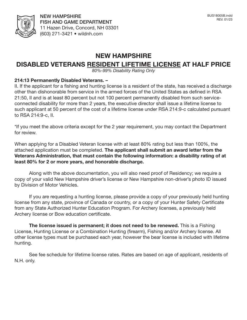 Form BUS18005B Application for New Hampshire Disabled Veterans Resident Lifetime License - New Hampshire, Page 1