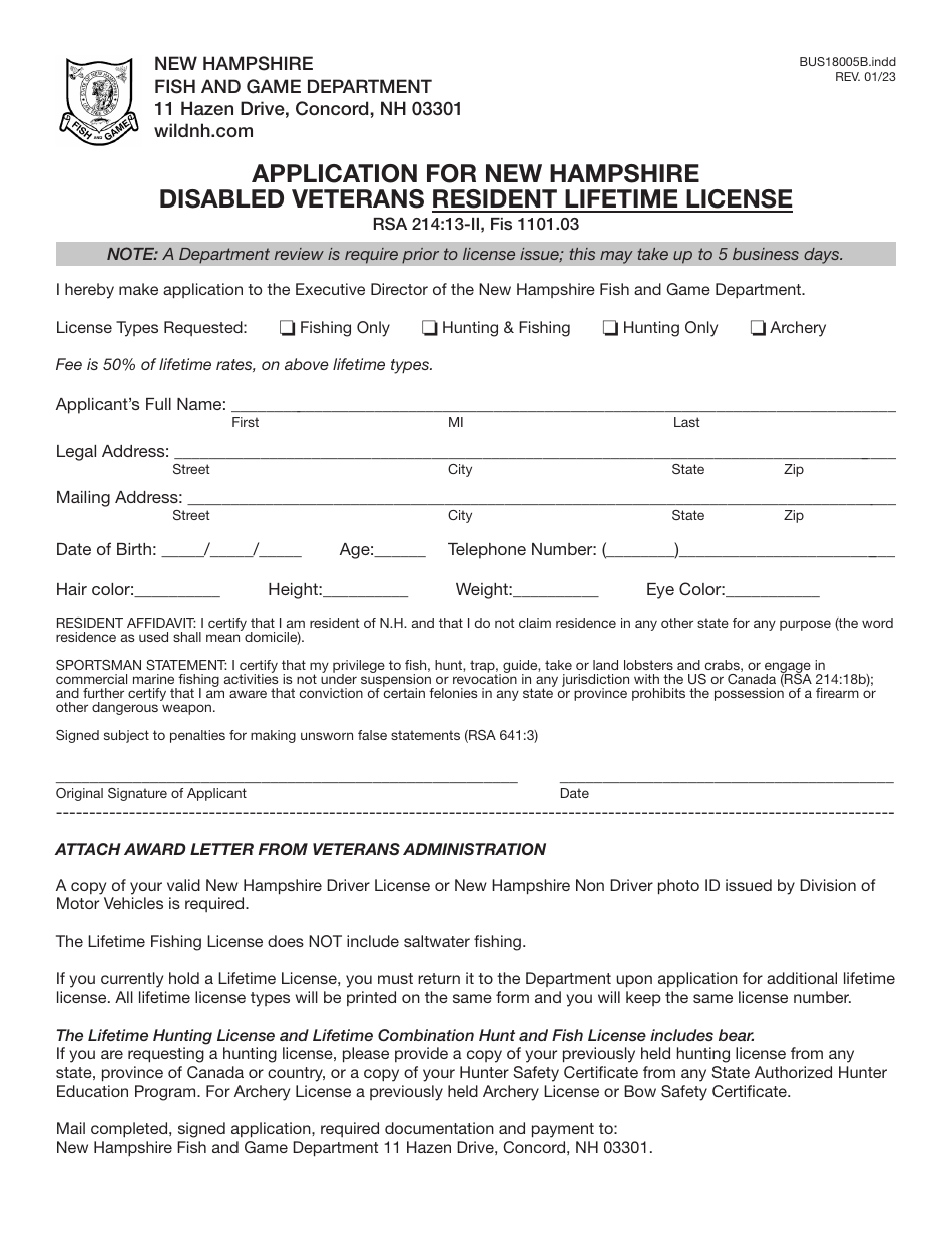Form BUS18005B Application for New Hampshire Disabled Veterans Resident Lifetime License - New Hampshire, Page 3