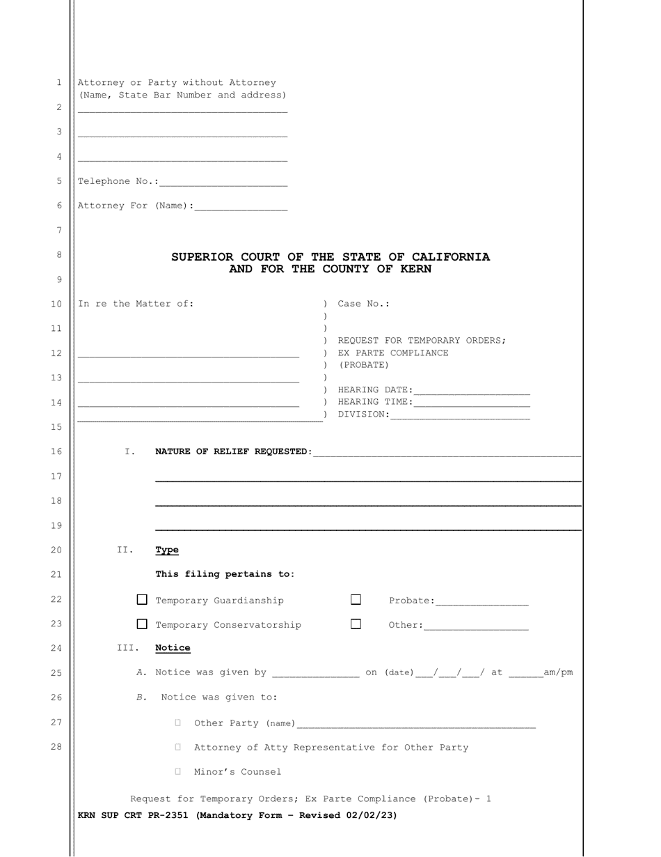 Form KRN SUP CRT PR-2351 Request for Temporary Orders Ex Parte Compliance (Probate) - County of Kern, California, Page 1