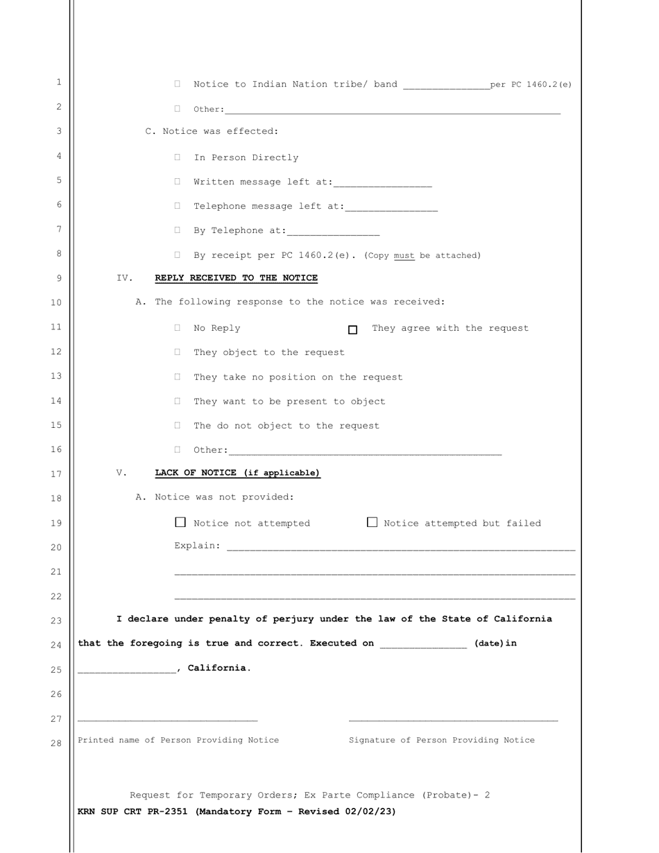 Form KRN SUP CRT PR-2351 Request for Temporary Orders Ex Parte Compliance (Probate) - County of Kern, California, Page 2
