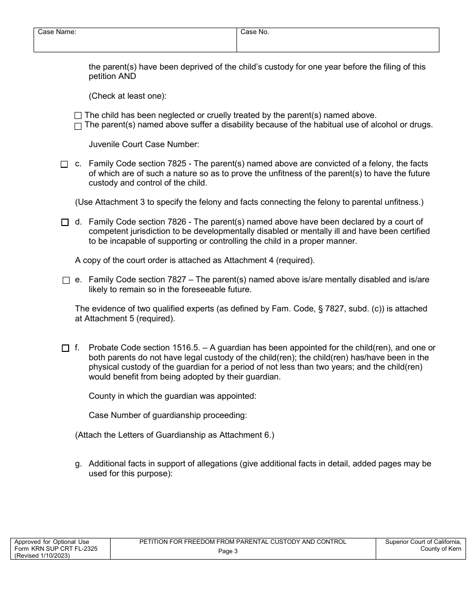 Form KRN SUP CRT FL-2325 Petition for Freedom From Parental Custody and Control - County of Kern, California, Page 3