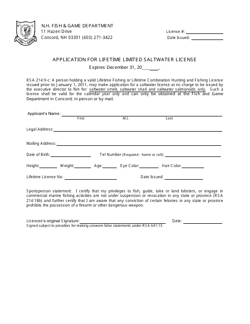 Application for Lifetime Limited Saltwater License - New Hampshire