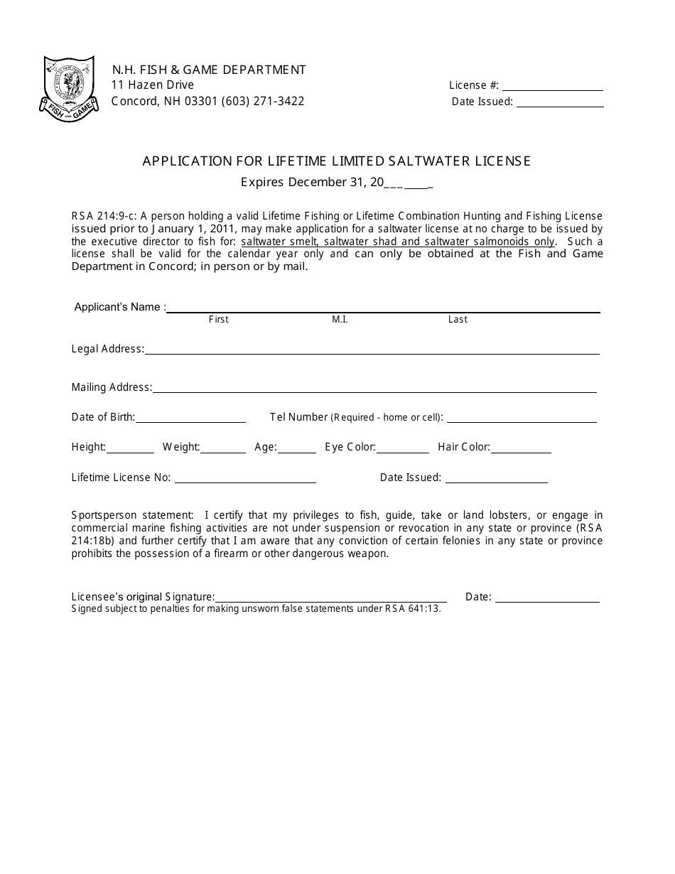 Application for Lifetime Limited Saltwater License - New Hampshire, Page 1
