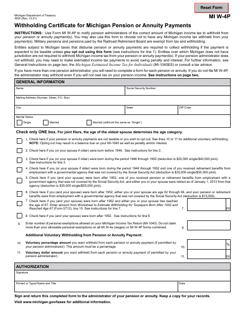 Form MI W-4P (4924) Withholding Certificate for Michigan Pension or Annuity Payments - Michigan