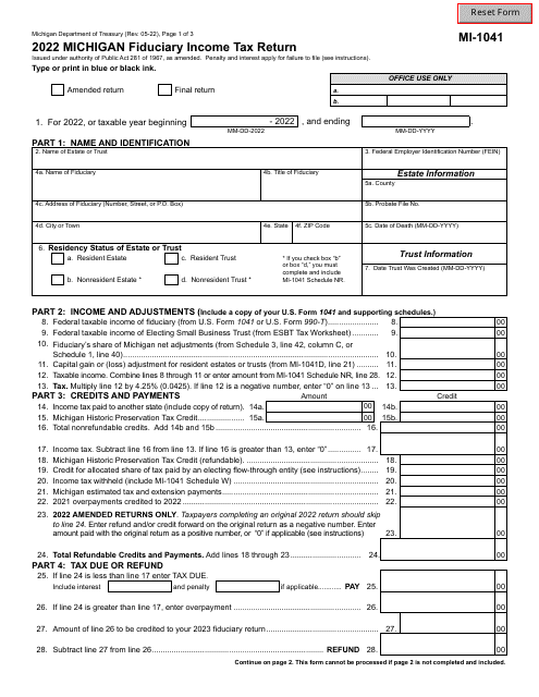 Form MI-1041 2022 Printable Pdf
