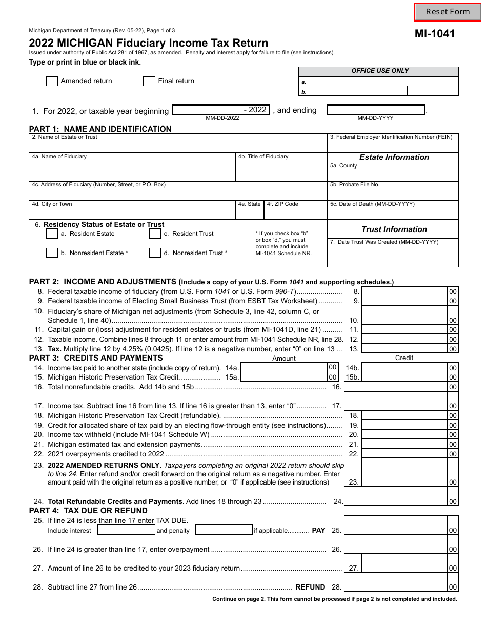 Form MI1041 Download Fillable PDF or Fill Online Michigan Fiduciary