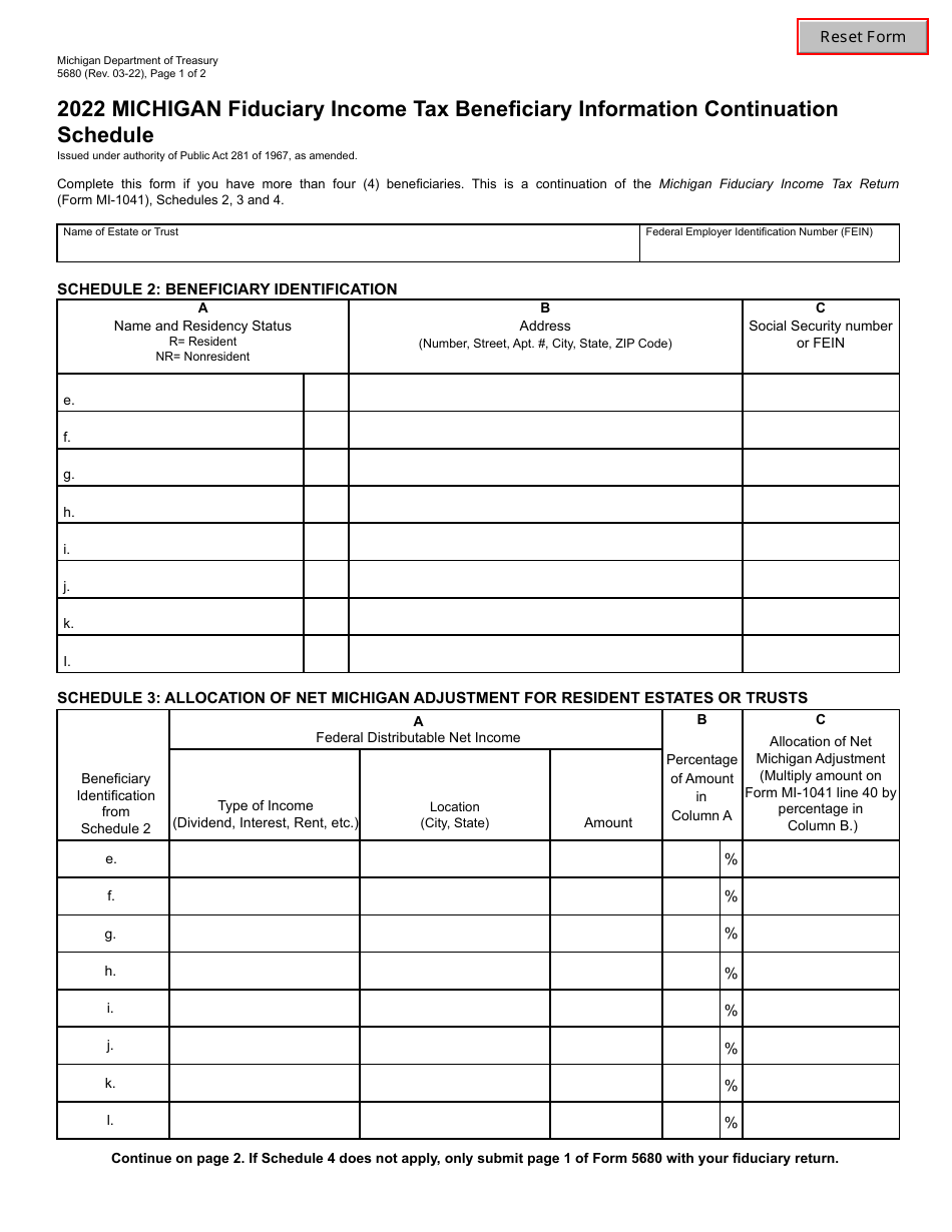 Form 5680 Download Fillable PDF or Fill Online Michigan Fiduciary