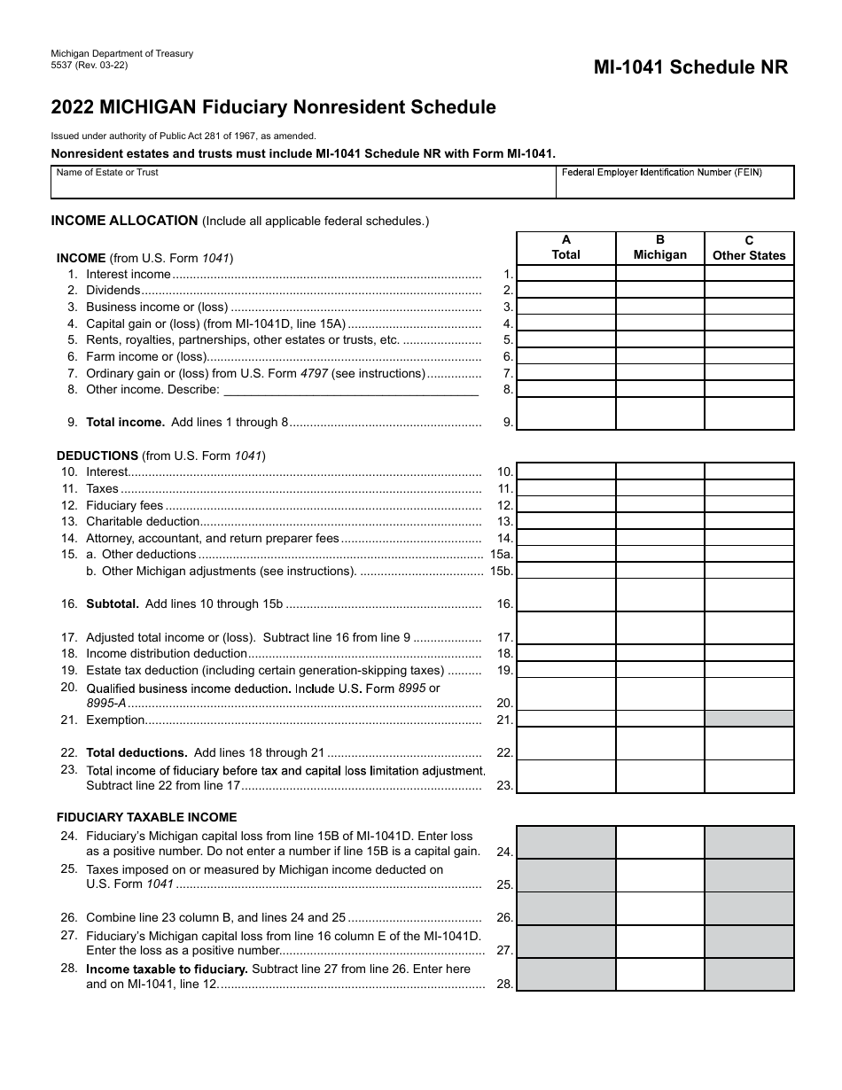 Form MI-1041 (5537) Schedule NR Michigan Fiduciary Nonresident Schedule - Michigan, Page 1