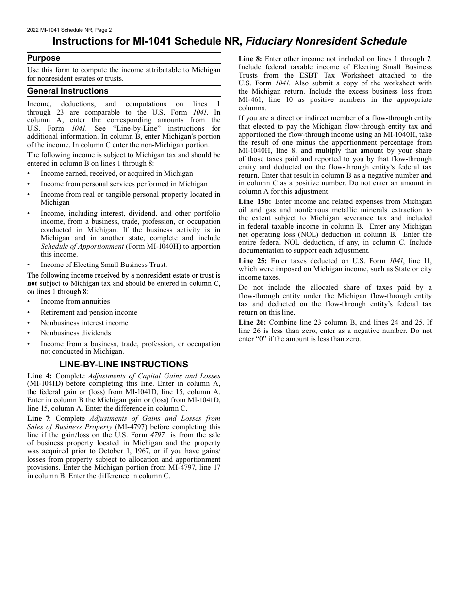Form MI-1041 (5537) Schedule NR Michigan Fiduciary Nonresident Schedule - Michigan, Page 2