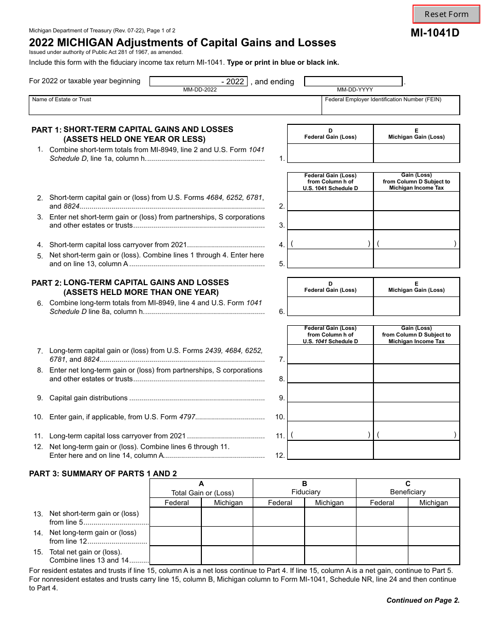 Form MI-1041D Michigan Adjustments of Capital Gains and Losses - Michigan, Page 1