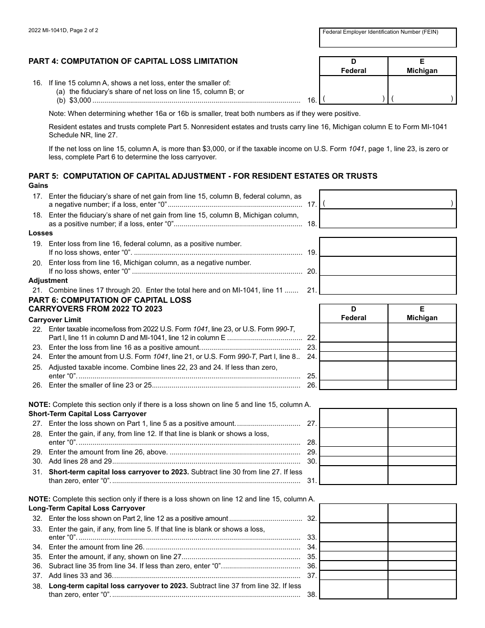 Form MI-1041D Michigan Adjustments of Capital Gains and Losses - Michigan, Page 2