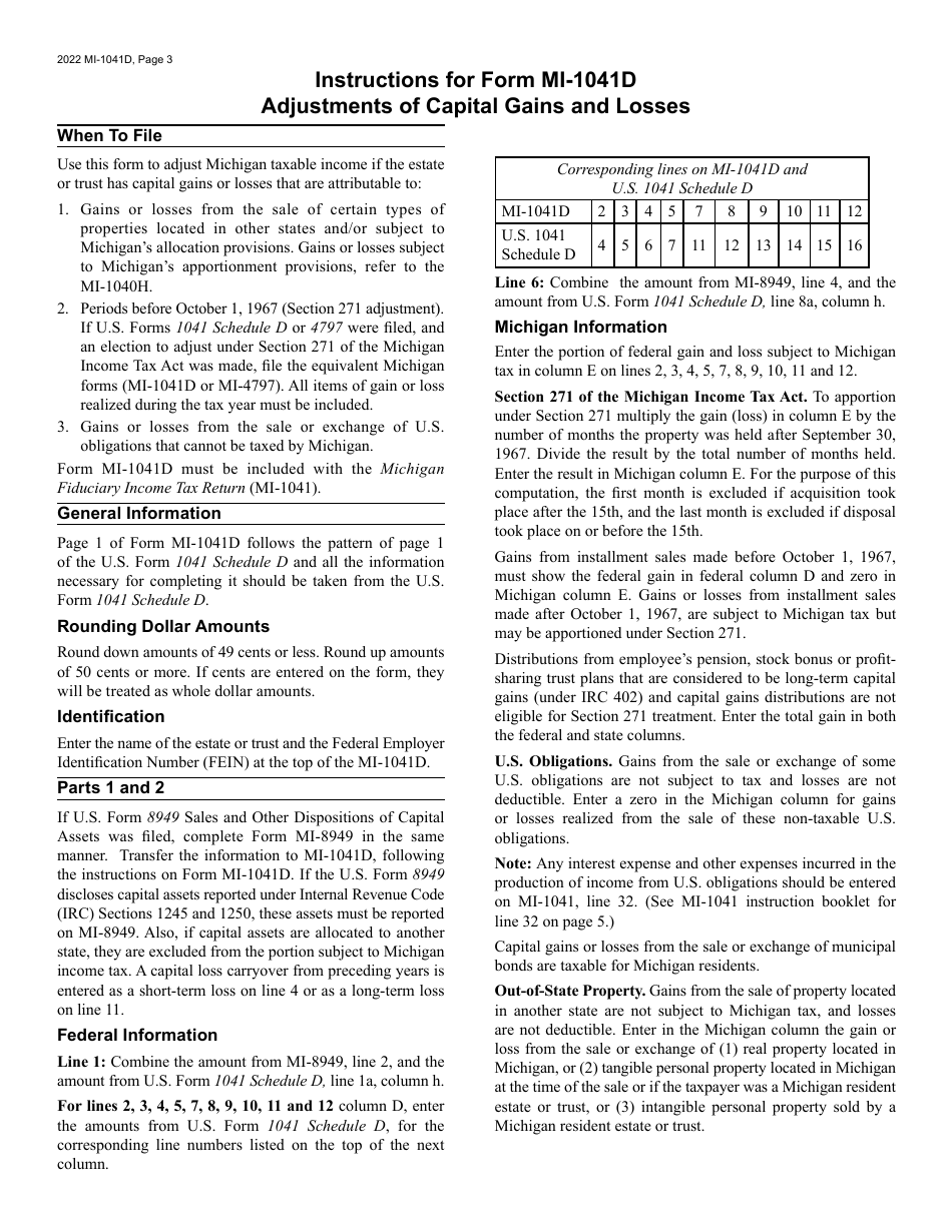 Form MI-1041D Michigan Adjustments of Capital Gains and Losses - Michigan, Page 3