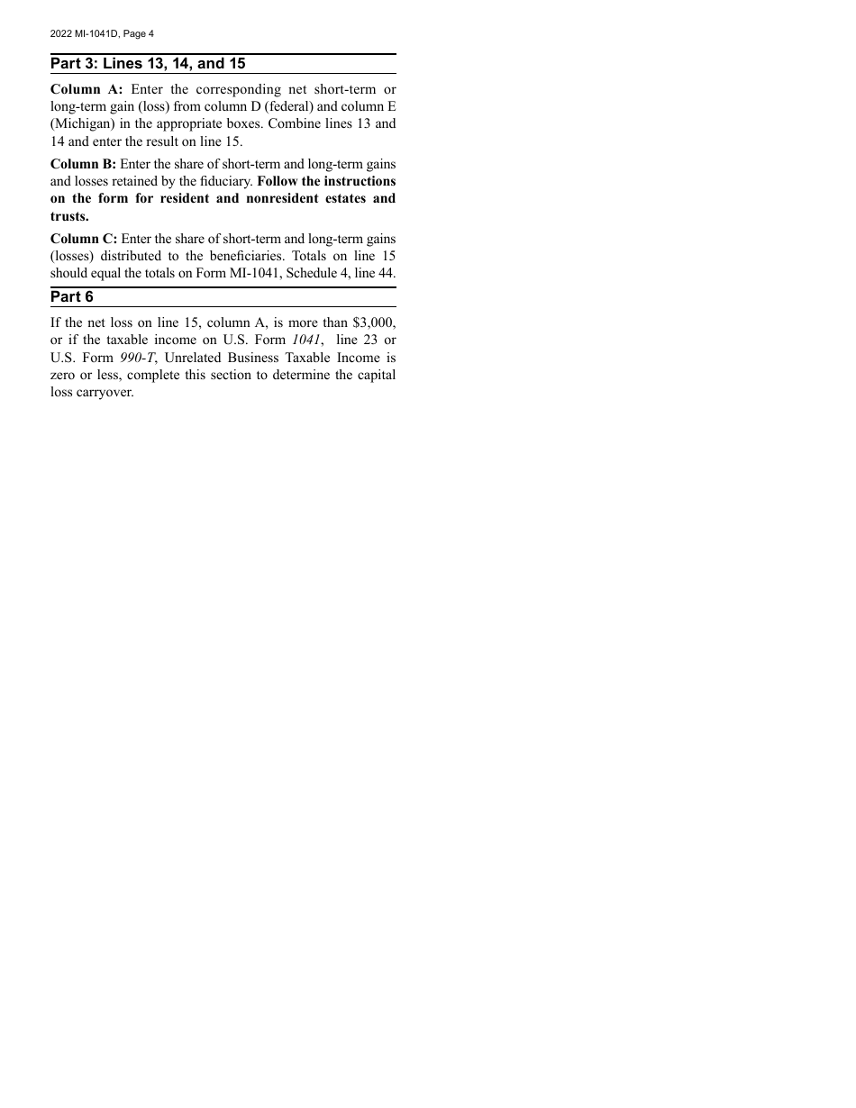 Form MI-1041D Michigan Adjustments of Capital Gains and Losses - Michigan, Page 4