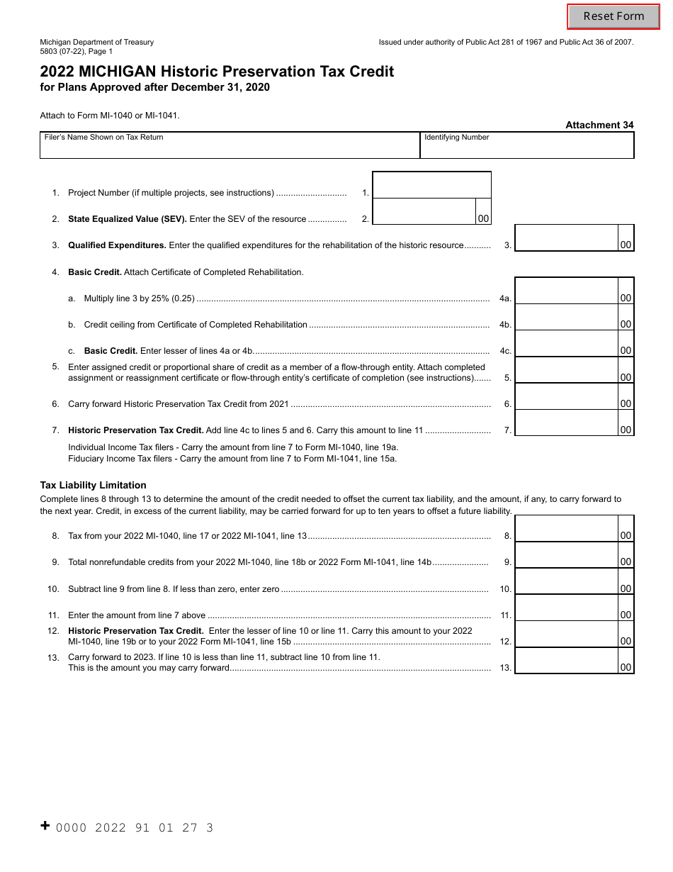 Form 5803 Michigan Historic Preservation Tax Credit for Plans Approved After December 31, 2020 - Michigan, Page 1