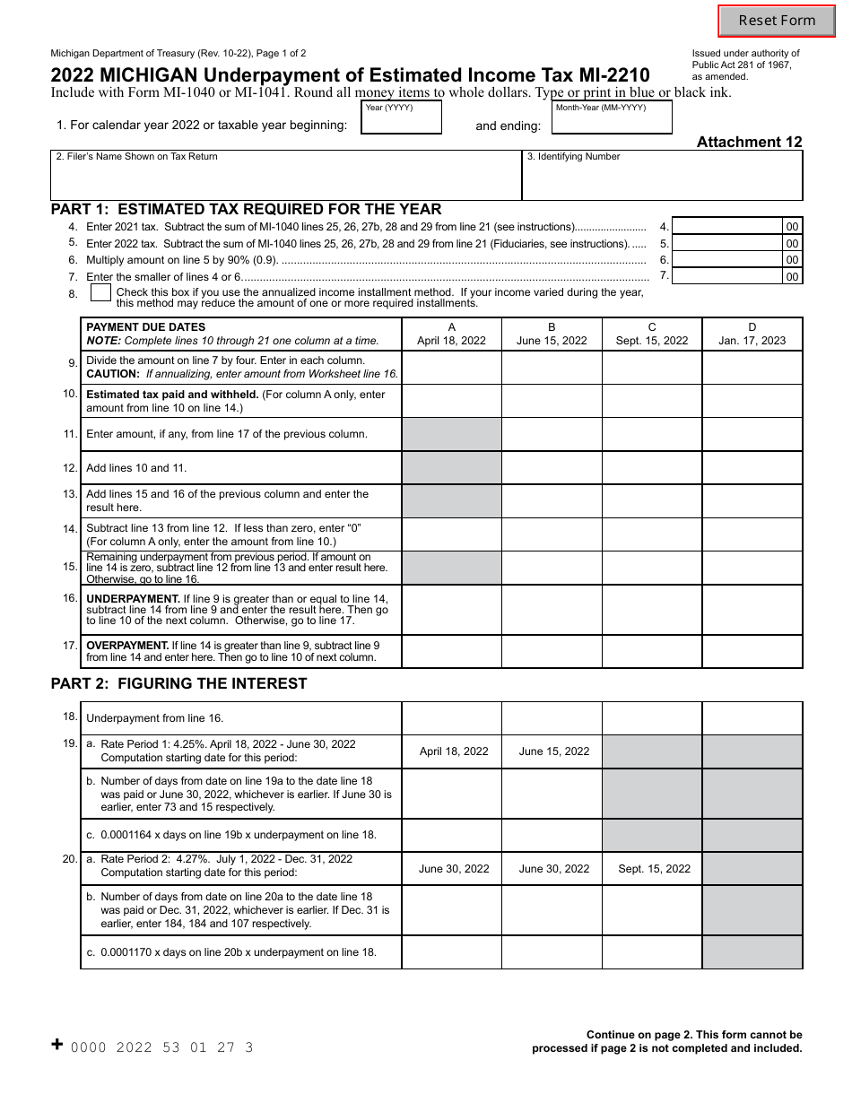 Form MI2210 Download Fillable PDF or Fill Online Michigan Underpayment